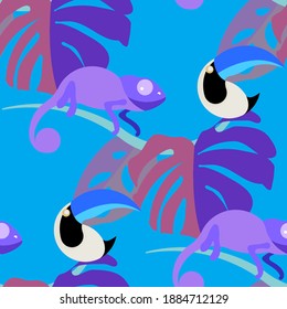 Vector seamless pattern with tropical leaves: palms, monstera, banana. Beautiful allover print with exotic leaves and animals. Swimwear botanical design. Chameleon, toucan design . Vector for any purposes