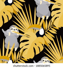 Vector seamless pattern with tropical leaves: palms, monstera, banana. Beautiful allover print with exotic leaves and animals. Swimwear botanical design. Chameleon, toucan. Vector for any purposes
