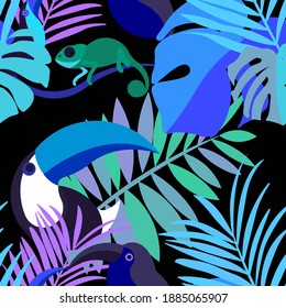 Vector seamless pattern with tropical leaves: palms, monstera, banana. Beautiful allover print with exotic leaves and animals. Swimwear botanical design. Chameleon, toucan. Vector for any purposes