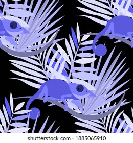 Vector seamless pattern with tropical leaves: palms, monstera, banana. Beautiful allover print with exotic leaves and animals. Swimwear botanical design. Chameleon, toucan. Vector for any purposes