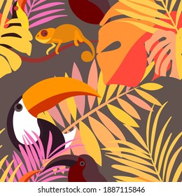Vector seamless pattern with tropical leaves: palms, monstera, banana. Beautiful allover print with exotic leaves and animals. Swimwear botanical design. Chameleon, toucan. Vector for any purposes