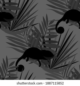 Vector seamless pattern with tropical leaves: palms, monstera, banana. Beautiful allover print with exotic leaves and animals. Swimwear botanical design. Chameleon, toucan. Vector for any purposes