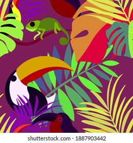 Vector seamless pattern with tropical leaves: palms, monstera. Beautiful allover print with exotic leaves and animals. Swimwear botanical design. Chameleon, toucan. Vector for any purposes