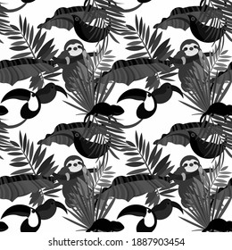 Vector seamless pattern with tropical leaves: palms, monstera, banana. Beautiful allover print with exotic leaves and Chameleon, toucan and sloth animals. Swimwear botanical design.. Vector for any purposes