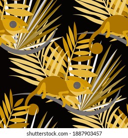 Vector seamless pattern with tropical leaves: palms. Beautiful allover print with exotic leaves and Chameleon animals. Swimwear botanical design. Vector for any purposes