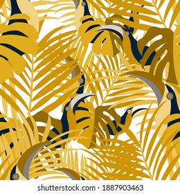 Vector seamless pattern with tropical leaves: palms, monstera. Beautiful allover print with exotic leaves and animals. Swimwear botanical design. Chameleon, toucan. Vector for any purposes