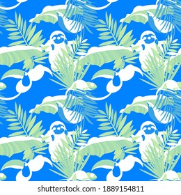 Vector seamless pattern with tropical leaves: palms, monstera, banana. Beautiful allover print with exotic leaves and animals. Swimwear botanical design. Chameleon, toucan. Vector for any purposes