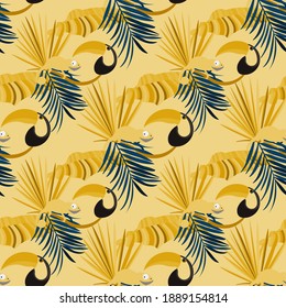 Vector seamless pattern with tropical leaves: palms, monstera, banana. Beautiful allover print with exotic leaves and animals. Swimwear botanical design. Chameleon, toucan. Vector for any purposes