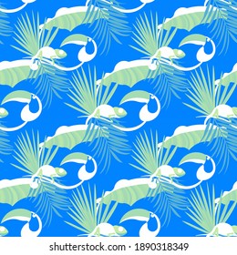 Vector seamless pattern with tropical leaves: palms, monstera, banana. Beautiful allover print with exotic leaves and animals. Swimwear botanical design. Chameleon, toucan. Vector for any purposes