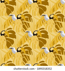 Vector seamless pattern with tropical leaves: palms, monstera, banana. Beautiful allover print with exotic leaves and animals. Swimwear botanical design. Chameleon, toucan. Vector for any purposes