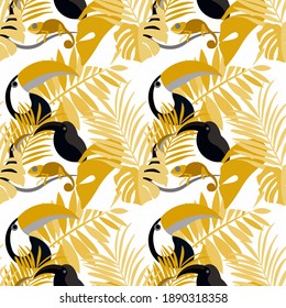 Vector seamless pattern with tropical leaves: palms, monstera, banana. Beautiful allover print with exotic leaves and animals. Swimwear botanical design. Chameleon, toucan. Vector for any purposes