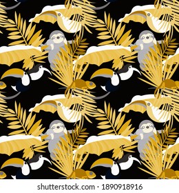 Vector seamless pattern with tropical leaves: palms, monstera, banana. Beautiful allover print with exotic leaves and animals. Swimwear botanical design. Chameleon, toucan. Vector for any purposes