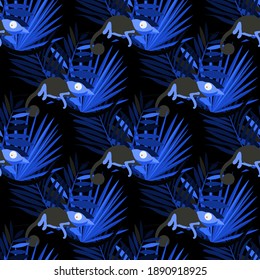 Vector seamless pattern with tropical leaves: palms, monstera, banana. Beautiful allover print with exotic leaves and animals. Swimwear botanical design. Chameleon, toucan. Vector for any purposes