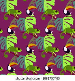 Vector seamless pattern with tropical leaves: palms, monstera, banana. Beautiful allover print with exotic leaves and animals. Swimwear botanical design. Chameleon, toucan. Vector for any purposes