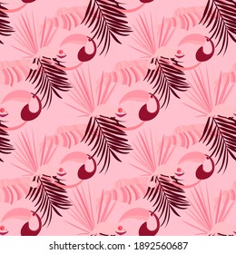 Vector seamless pattern with tropical leaves: palms, monstera, banana. Beautiful allover print with exotic leaves and animals. Swimwear botanical design. Chameleon, toucan. Vector for any purposes