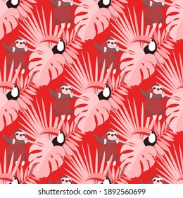 Vector seamless pattern with tropical leaves: palms, monstera, banana. Beautiful allover print with exotic leaves and animals. Swimwear botanical design. Chameleon, toucan. Vector for any purposes