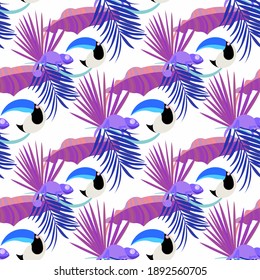 Vector seamless pattern with tropical leaves: palms, monstera, banana. Beautiful allover print with exotic leaves and animals. Swimwear botanical design. Chameleon, toucan. Vector for any purposes