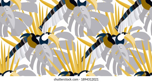 Vector seamless pattern with tropical leaves: palms, monstera, banana. Beautiful allover print with exotic leaves and animals. Swimwear botanical design. Chameleon, toucan. Vector for any purposes