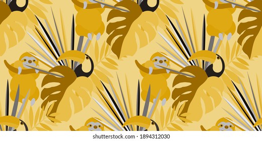 Vector seamless pattern with tropical leaves: palms, monstera, banana. Beautiful allover print with exotic leaves and animals. Swimwear botanical design. Chameleon, toucan. Vector for any purposes