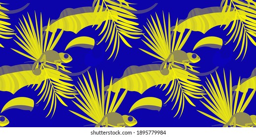 Vector seamless pattern with tropical leaves: palms, monstera, banana. Beautiful allover print with exotic leaves and animals. Swimwear botanical design. Chameleon, toucan. Vector for any purposes