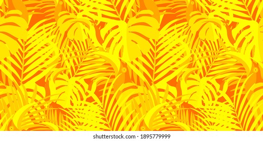 Vector seamless pattern with tropical leaves: palms, monstera, banana. Beautiful allover print with exotic leaves and animals. Swimwear botanical design. Chameleon, toucan. Vector for any purposes