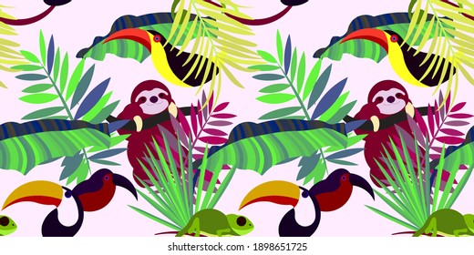 Vector seamless pattern with tropical leaves: palms, monstera, banana. Beautiful allover print with exotic leaves and animals. Swimwear botanical design. Chameleon, toucan. Vector for any purposes