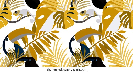 Vector seamless pattern with tropical leaves: palms, monstera, banana. Beautiful allover print with exotic leaves and animals. Swimwear botanical design. Chameleon, toucan. Vector for any purposes