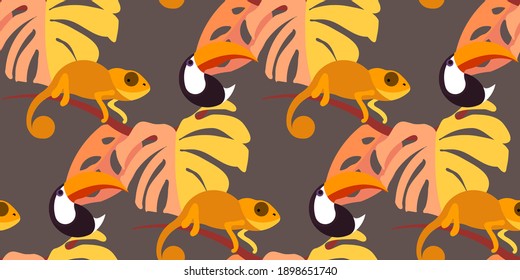 Vector seamless pattern with tropical leaves: palms, monstera, banana. Beautiful allover print with exotic leaves and animals. Swimwear botanical design. Chameleon, toucan. Vector for any purposes