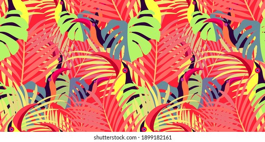 Vector seamless pattern with tropical leaves: palms, monstera, banana. Beautiful allover print with exotic leaves and animals. Swimwear botanical design. Chameleon, toucan. Vector for any purposes