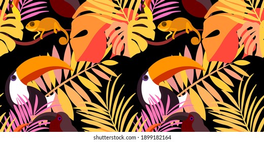 Vector seamless pattern with tropical leaves: palms, monstera, banana. Beautiful allover print with exotic leaves and animals. Swimwear botanical design. Chameleon, toucan. Vector for any purposes