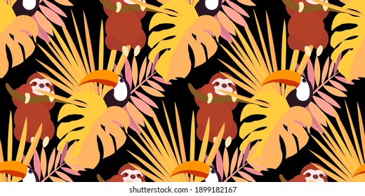 Vector seamless pattern with tropical leaves: palms, monstera, banana. Beautiful allover print with exotic leaves and animals. Swimwear botanical design. Chameleon, toucan. Vector for any purposes