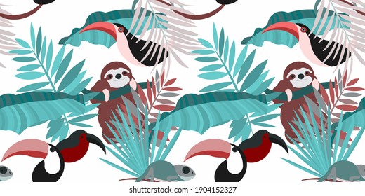 Vector seamless pattern with tropical leaves: palms, monstera, banana. Beautiful allover print with exotic leaves and animals. Swimwear botanical design. Chameleon, toucan. Vector for any purposes