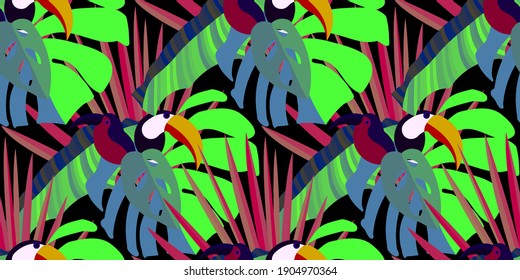 Vector seamless pattern with tropical leaves: palms, monstera, banana. Beautiful allover print with exotic leaves and animals. Swimwear botanical design. Chameleon, toucan. Vector for any purposes