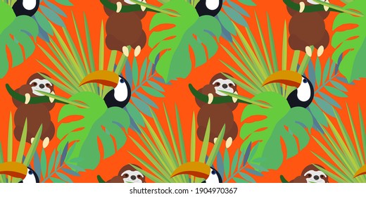 Vector seamless pattern with tropical leaves: palms, monstera, banana. Beautiful allover print with exotic leaves and animals. Swimwear botanical design. Chameleon, toucan. Vector for any purposes