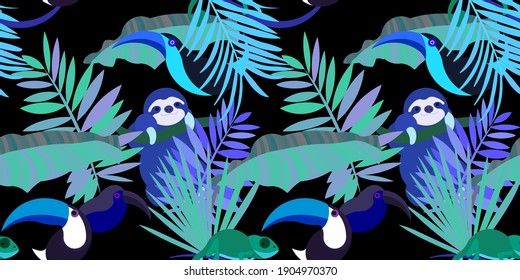 Vector seamless pattern with tropical leaves: palms, monstera, banana. Beautiful allover print with exotic leaves and animals. Swimwear botanical design. Chameleon, toucan. Vector for any purposes