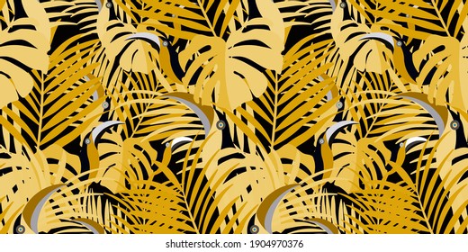 Vector seamless pattern with tropical leaves: palms, monstera, banana. Beautiful allover print with exotic leaves and animals. Swimwear botanical design. Chameleon, toucan. Vector for any purposes