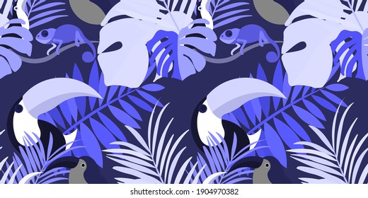 Vector seamless pattern with tropical leaves: palms, monstera, banana. Beautiful allover print with exotic leaves and animals. Swimwear botanical design. Chameleon, toucan. Vector for any purposes