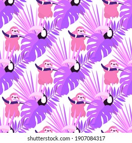 Vector seamless pattern with tropical leaves: palms, monstera, banana. Beautiful allover print with exotic leaves and animals. Swimwear botanical design. Chameleon, toucan. Vector for any purposes