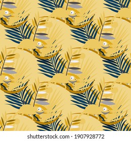 Vector seamless pattern with tropical leaves: palms, monstera, banana. Beautiful allover print with exotic leaves and animals. Swimwear botanical design. Chameleon, toucan. Vector for any purposes