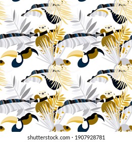 Vector seamless pattern with tropical leaves: palms, monstera, banana. Beautiful allover print with exotic leaves and animals. Swimwear botanical design. Chameleon, toucan. Vector for any purposes