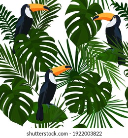 Vector Seamless pattern with tropical leaves and bird toucan on a branch on transparent background. Nature wallpaper illustration