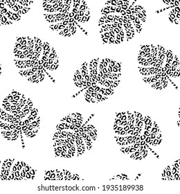 Vector Seamless Pattern with Tropical Leaves with Black Leopard Print. Isolated on White Background. Modern Texture with Monstera.