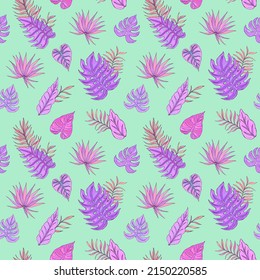 Vector seamless pattern with tropical leaves. Tropical botanical motives. Summer decoration print for wrapping, wallpaper, fabric. 