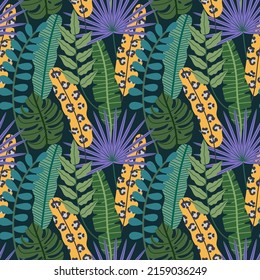 Vector seamless pattern with tropical leaves. Jungles. Tropical pattern. Animal print. Hand drawn illustration. The print is used for Wallpaper, fabric, textile.