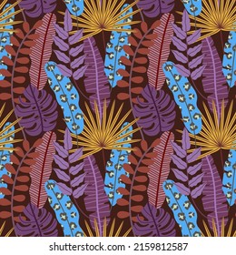 Vector seamless pattern with tropical leaves. Jungles. Tropical pattern. Animal print. Hand drawn illustration. The print is used for Wallpaper, fabric, textile.
