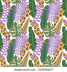 Vector seamless pattern with tropical leaves. Jungles. Tropical pattern. Animal print. Hand drawn illustration. The print is used for Wallpaper, fabric, textile.