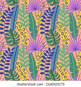 Vector seamless pattern with tropical leaves. Jungles. Tropical pattern. Animal print. Hand drawn illustration. The print is used for Wallpaper, fabric, textile.