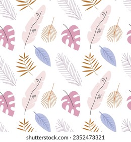 Vector seamless pattern with tropical leaves on pastel background. Modern design for fabric and paper, surface textures.