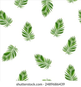 Vector sin costura patrón con hojas tropicales sobre fondo blanco.