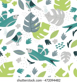 Vector seamless pattern with tropical leaves and birds